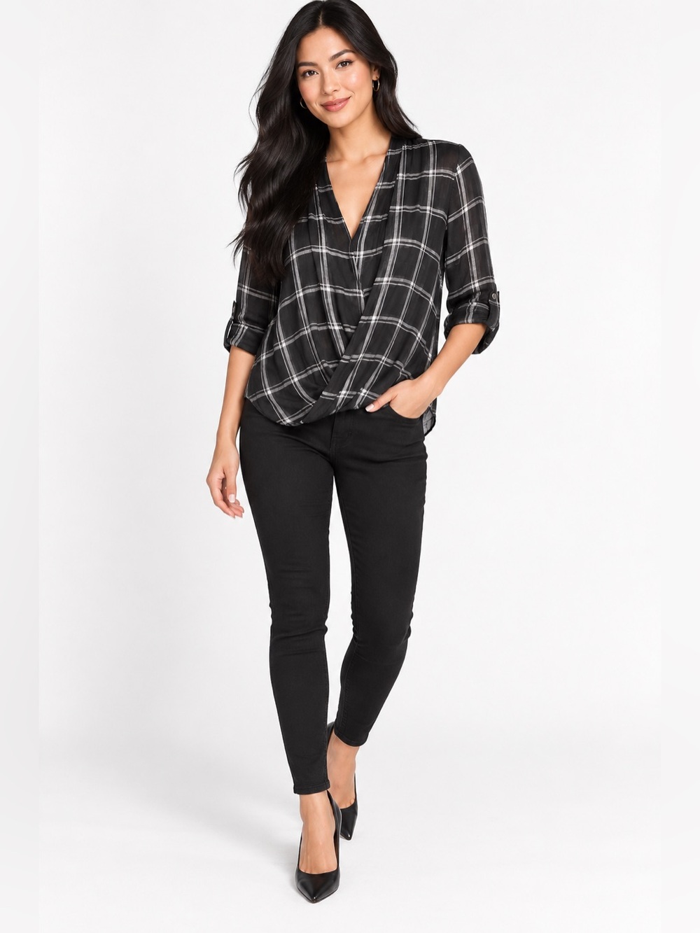 Aritzia Babaton 100% Silk Black Plaid Wrap Front Blouse